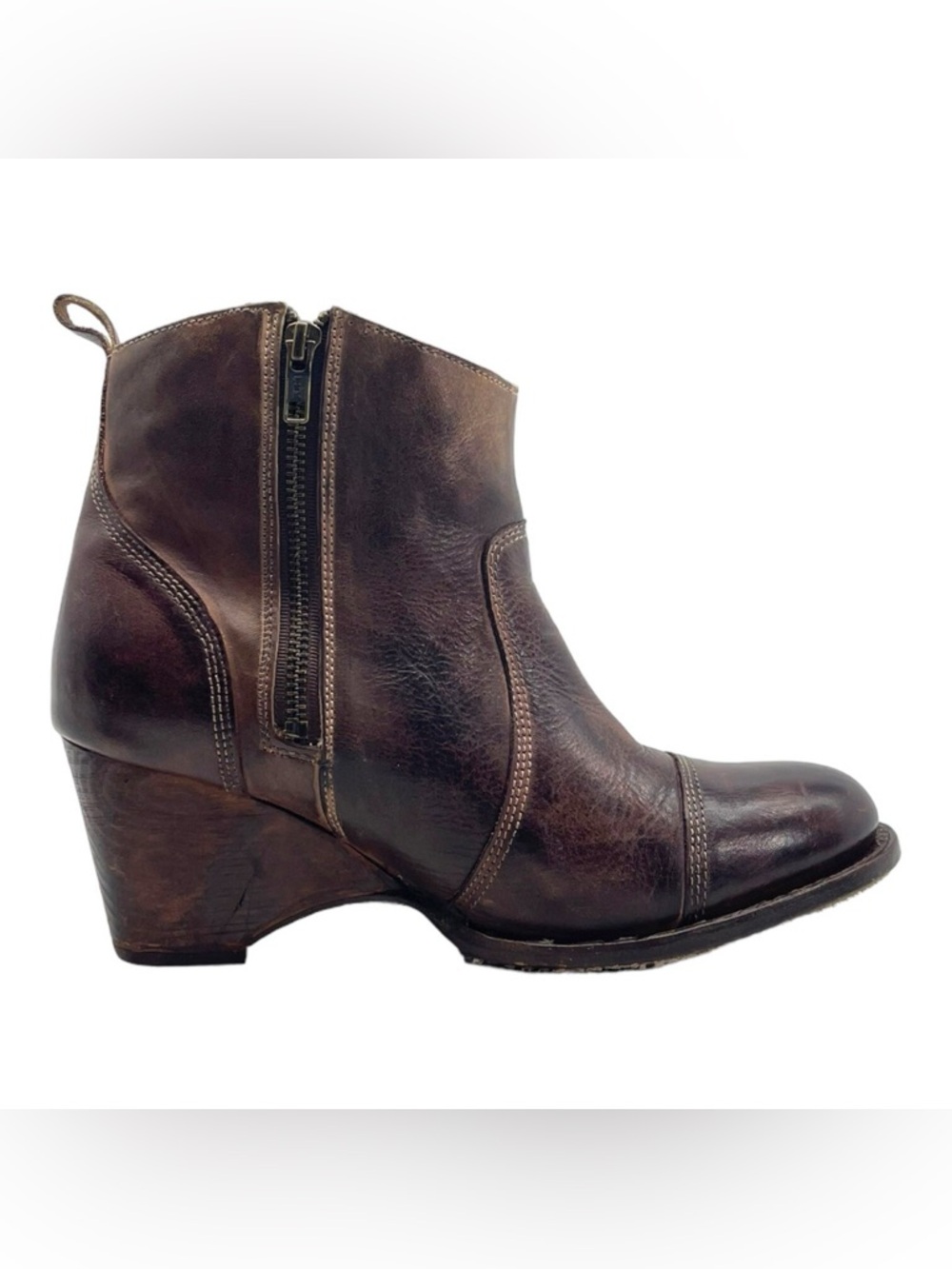 Bed Stu Dark Brown Leather Ankle Bootie with Side Zip